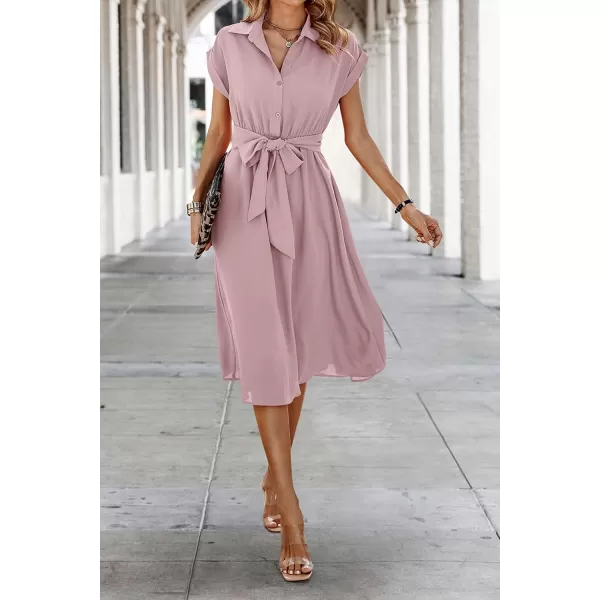 ECOWISH Womens Casual Midi Dresses Solid V Neck Short Sleeve Button Shirt Belted Dress with Pockets for Spring Summer 2024Alight Pink