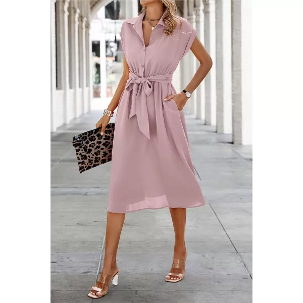 ECOWISH Womens Casual Midi Dresses Solid V Neck Short Sleeve Button Shirt Belted Dress with Pockets for Spring Summer 2024Alight Pink