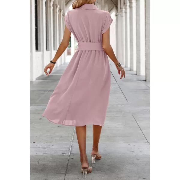 ECOWISH Womens Casual Midi Dresses Solid V Neck Short Sleeve Button Shirt Belted Dress with Pockets for Spring Summer 2024Alight Pink