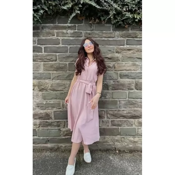 ECOWISH Womens Casual Midi Dresses Solid V Neck Short Sleeve Button Shirt Belted Dress with Pockets for Spring Summer 2024Alight Pink
