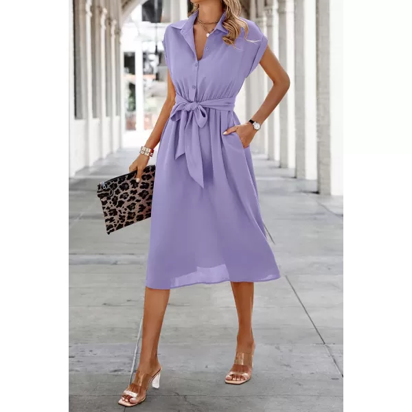 ECOWISH Womens Casual Midi Dresses Solid V Neck Short Sleeve Button Shirt Belted Dress with Pockets for Spring Summer 2024Alilac
