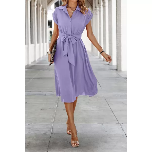 ECOWISH Womens Casual Midi Dresses Solid V Neck Short Sleeve Button Shirt Belted Dress with Pockets for Spring Summer 2024Alilac