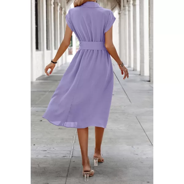 ECOWISH Womens Casual Midi Dresses Solid V Neck Short Sleeve Button Shirt Belted Dress with Pockets for Spring Summer 2024Alilac
