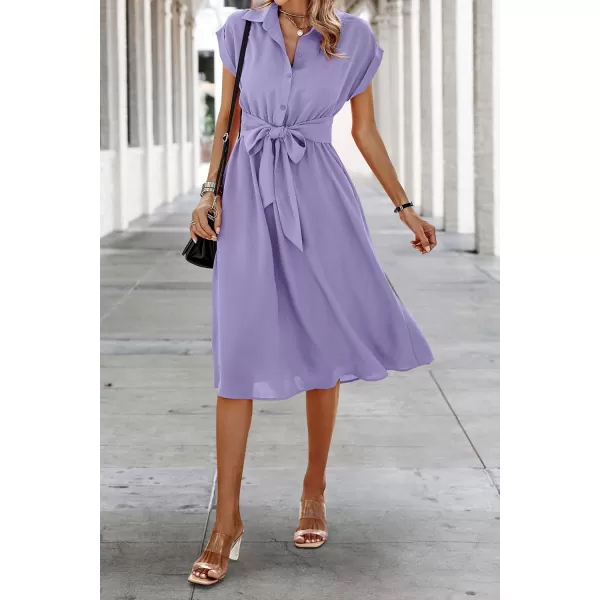 ECOWISH Womens Casual Midi Dresses Solid V Neck Short Sleeve Button Shirt Belted Dress with Pockets for Spring Summer 2024Alilac