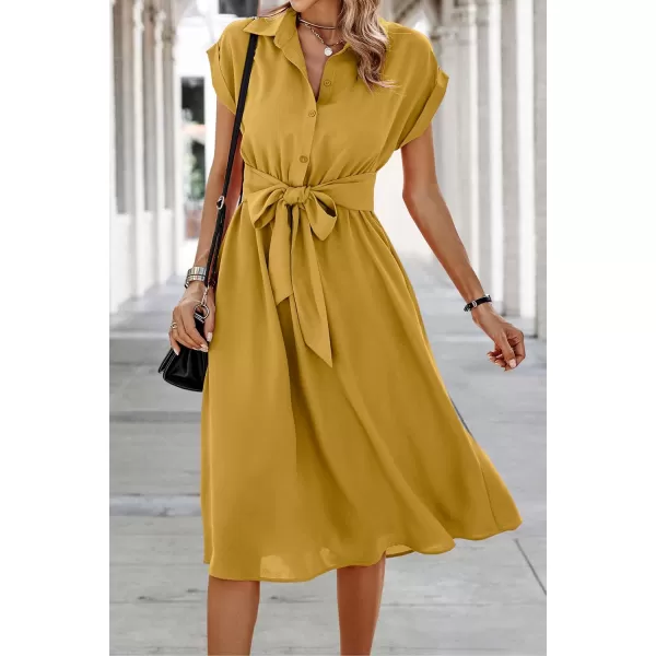 ECOWISH Womens Casual Midi Dresses Solid V Neck Short Sleeve Button Shirt Belted Dress with Pockets for Spring Summer 2024Amustard
