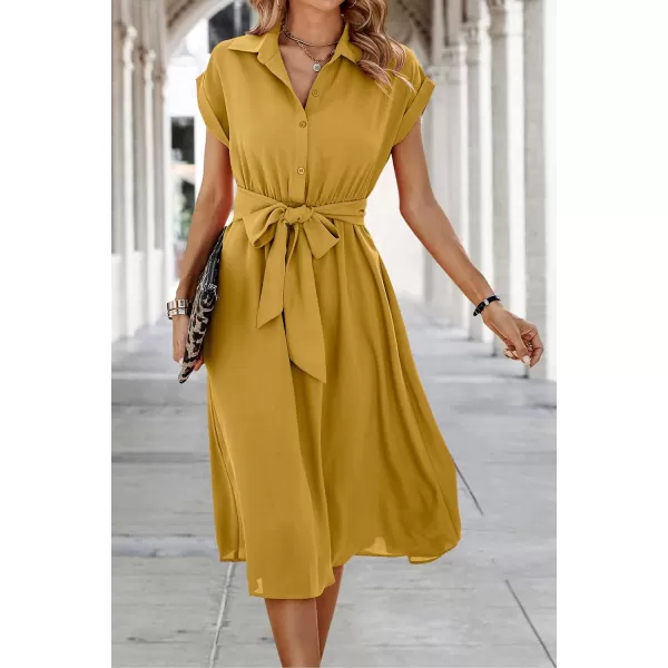 ECOWISH Womens Casual Midi Dresses Solid V Neck Short Sleeve Button Shirt Belted Dress with Pockets for Spring Summer 2024Amustard