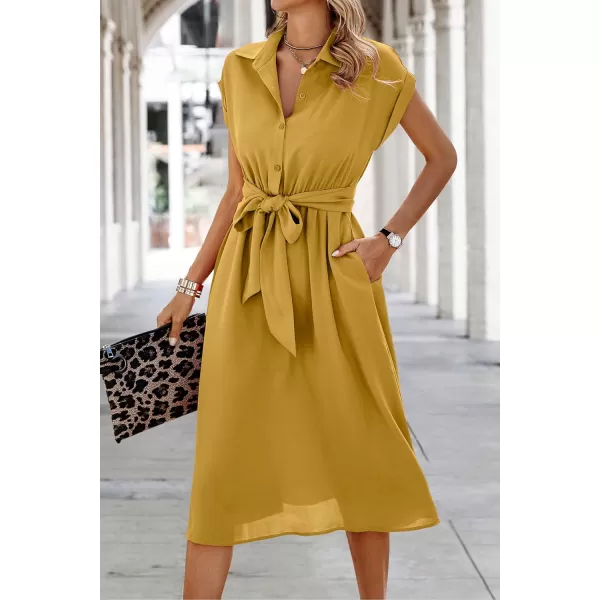 ECOWISH Womens Casual Midi Dresses Solid V Neck Short Sleeve Button Shirt Belted Dress with Pockets for Spring Summer 2024Amustard