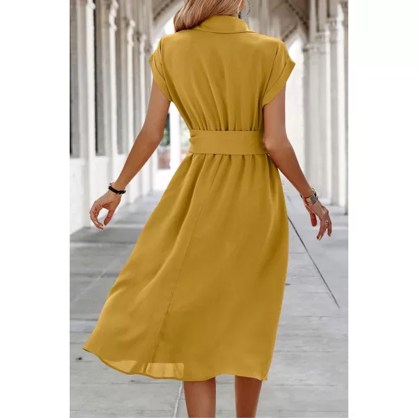 ECOWISH Womens Casual Midi Dresses Solid V Neck Short Sleeve Button Shirt Belted Dress with Pockets for Spring Summer 2024Amustard