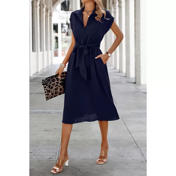 ECOWISH Womens Casual Midi Dresses Solid V Neck Short Sleeve Button Shirt Belted Dress with Pockets for Spring Summer 2024Anavy Blue