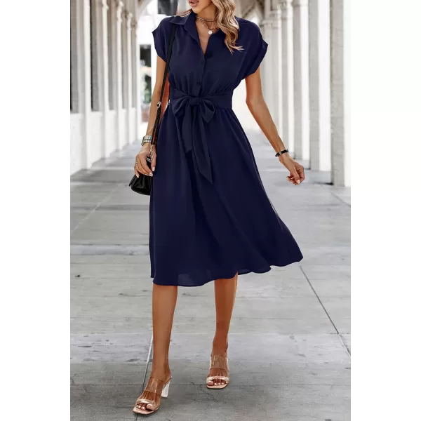 ECOWISH Womens Casual Midi Dresses Solid V Neck Short Sleeve Button Shirt Belted Dress with Pockets for Spring Summer 2024Anavy Blue