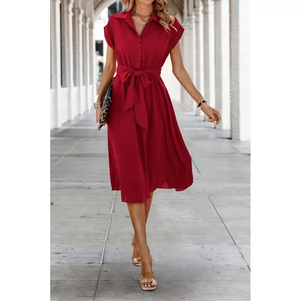 ECOWISH Womens Casual Midi Dresses Solid V Neck Short Sleeve Button Shirt Belted Dress with Pockets for Spring Summer 2024Ared