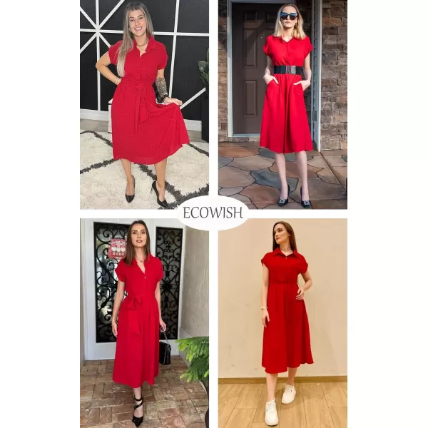 ECOWISH Womens Casual Midi Dresses Solid V Neck Short Sleeve Button Shirt Belted Dress with Pockets for Spring Summer 2024Ared