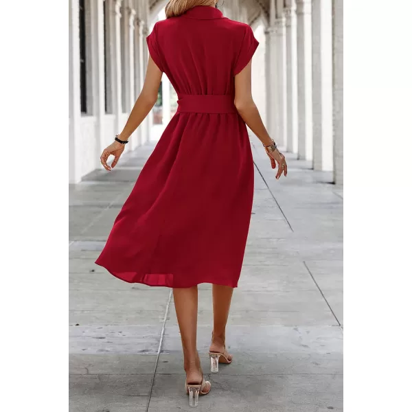 ECOWISH Womens Casual Midi Dresses Solid V Neck Short Sleeve Button Shirt Belted Dress with Pockets for Spring Summer 2024Ared