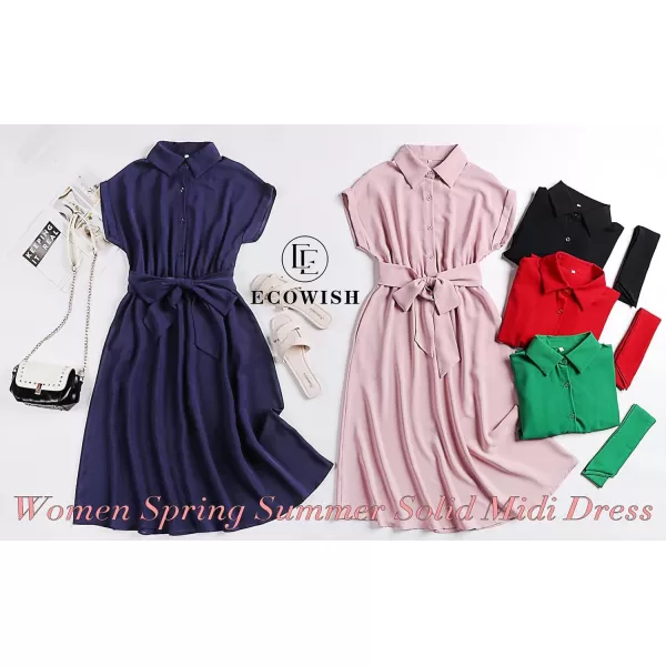 ECOWISH Womens Casual Midi Dresses Solid V Neck Short Sleeve Button Shirt Belted Dress with Pockets for Spring Summer 2024Ared