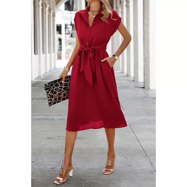 ECOWISH Womens Casual Midi Dresses Solid V Neck Short Sleeve Button Shirt Belted Dress with Pockets for Spring Summer 2024Ared