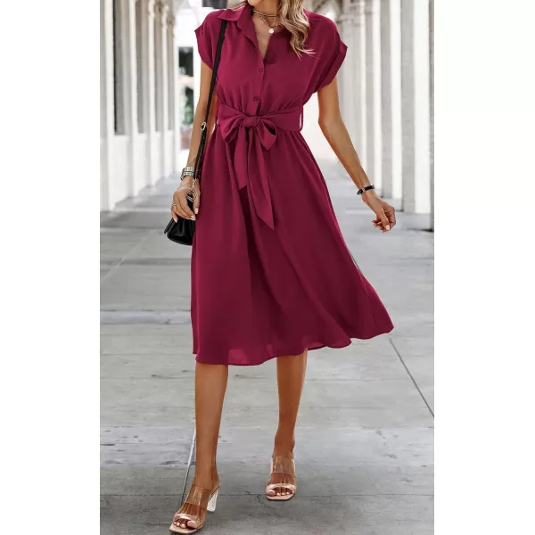 ECOWISH Womens Casual Midi Dresses Solid V Neck Short Sleeve Button Shirt Belted Dress with Pockets for Spring Summer 2024Awine Red