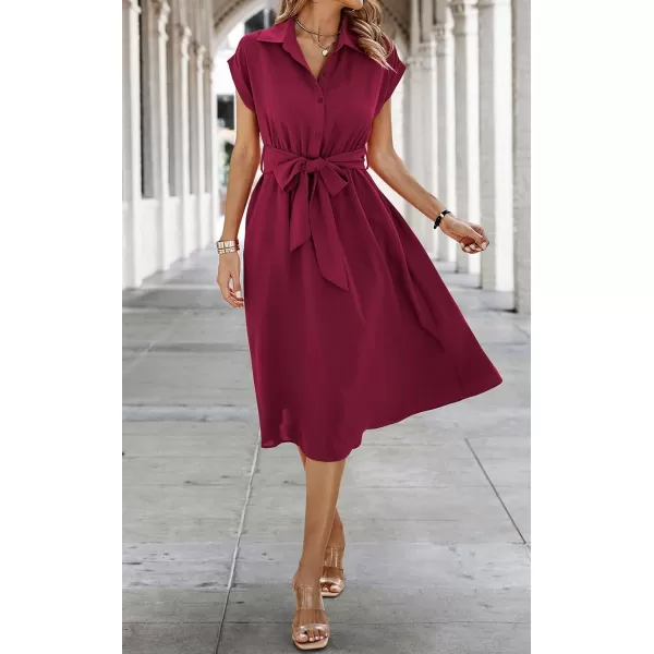 ECOWISH Womens Casual Midi Dresses Solid V Neck Short Sleeve Button Shirt Belted Dress with Pockets for Spring Summer 2024Awine Red