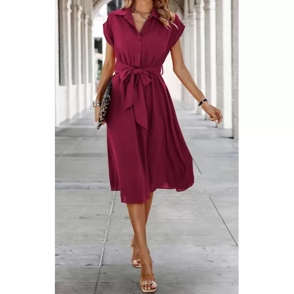 ECOWISH Womens Casual Midi Dresses Solid V Neck Short Sleeve Button Shirt Belted Dress with Pockets for Spring Summer 2024Awine Red