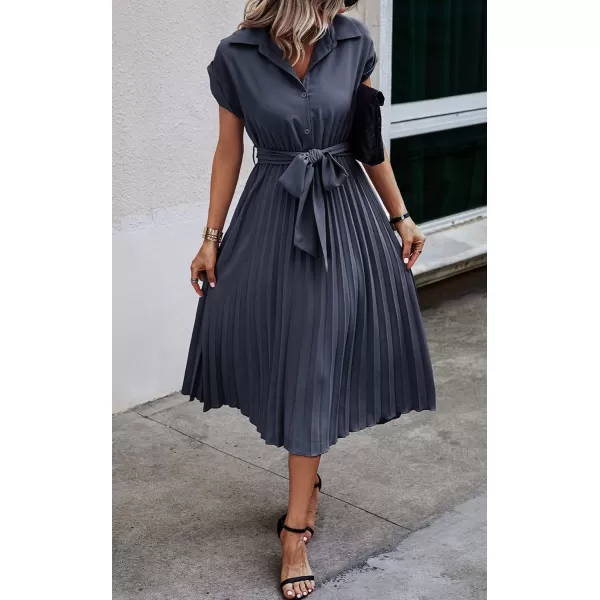 ECOWISH Womens Casual Midi Dresses Solid V Neck Short Sleeve Button Shirt Belted Dress with Pockets for Spring Summer 2024Bgray Blue
