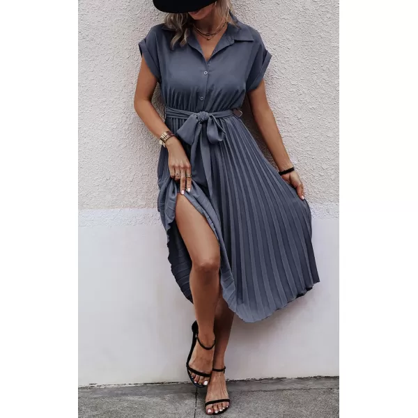 ECOWISH Womens Casual Midi Dresses Solid V Neck Short Sleeve Button Shirt Belted Dress with Pockets for Spring Summer 2024Bgray Blue
