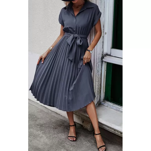 ECOWISH Womens Casual Midi Dresses Solid V Neck Short Sleeve Button Shirt Belted Dress with Pockets for Spring Summer 2024Bgray Blue