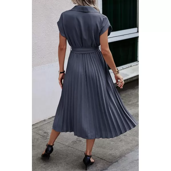 ECOWISH Womens Casual Midi Dresses Solid V Neck Short Sleeve Button Shirt Belted Dress with Pockets for Spring Summer 2024Bgray Blue