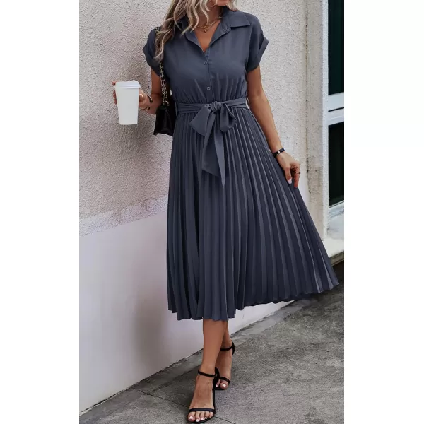ECOWISH Womens Casual Midi Dresses Solid V Neck Short Sleeve Button Shirt Belted Dress with Pockets for Spring Summer 2024Bgray Blue