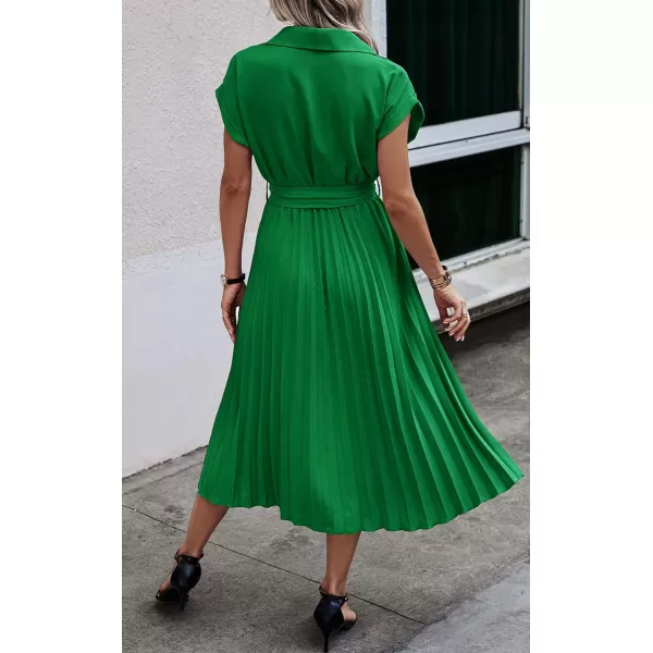 ECOWISH Womens Casual Midi Dresses Solid V Neck Short Sleeve Button Shirt Belted Dress with Pockets for Spring Summer 2024Bgreen