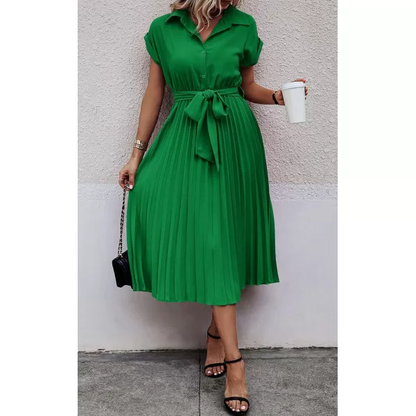 ECOWISH Womens Casual Midi Dresses Solid V Neck Short Sleeve Button Shirt Belted Dress with Pockets for Spring Summer 2024Bgreen