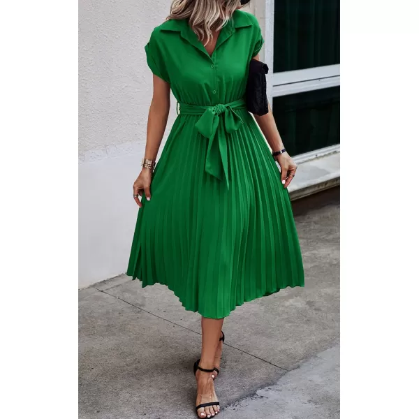 ECOWISH Womens Casual Midi Dresses Solid V Neck Short Sleeve Button Shirt Belted Dress with Pockets for Spring Summer 2024Bgreen