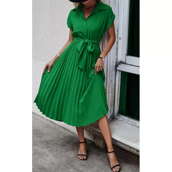 ECOWISH Womens Casual Midi Dresses Solid V Neck Short Sleeve Button Shirt Belted Dress with Pockets for Spring Summer 2024Bgreen