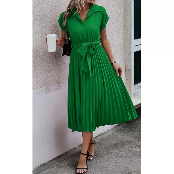 ECOWISH Womens Casual Midi Dresses Solid V Neck Short Sleeve Button Shirt Belted Dress with Pockets for Spring Summer 2024Bgreen