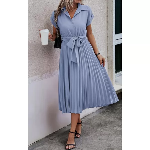 ECOWISH Womens Casual Midi Dresses Solid V Neck Short Sleeve Button Shirt Belted Dress with Pockets for Spring Summer 2024Blight Blue