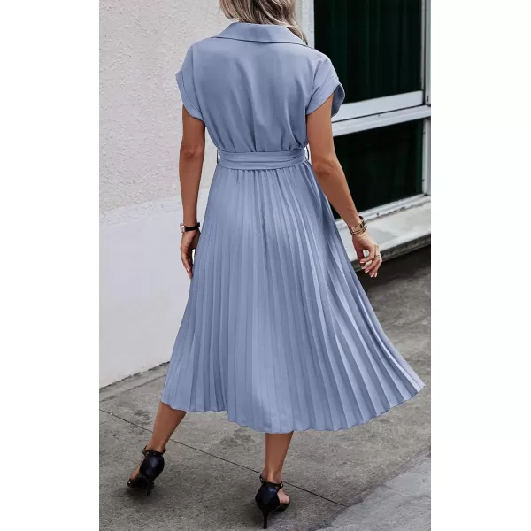 ECOWISH Womens Casual Midi Dresses Solid V Neck Short Sleeve Button Shirt Belted Dress with Pockets for Spring Summer 2024Blight Blue