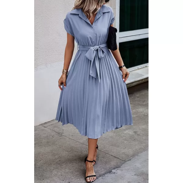 ECOWISH Womens Casual Midi Dresses Solid V Neck Short Sleeve Button Shirt Belted Dress with Pockets for Spring Summer 2024Blight Blue
