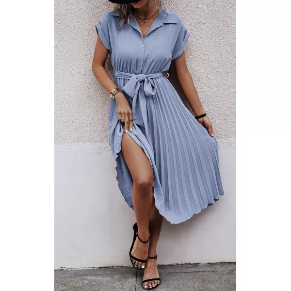 ECOWISH Womens Casual Midi Dresses Solid V Neck Short Sleeve Button Shirt Belted Dress with Pockets for Spring Summer 2024Blight Blue