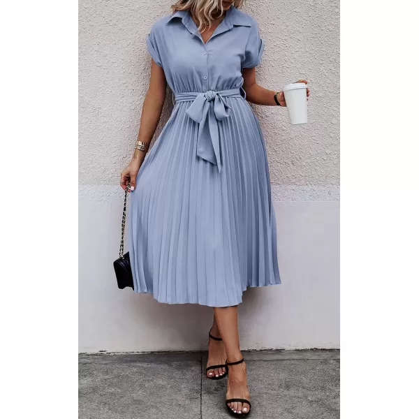 ECOWISH Womens Casual Midi Dresses Solid V Neck Short Sleeve Button Shirt Belted Dress with Pockets for Spring Summer 2024Blight Blue