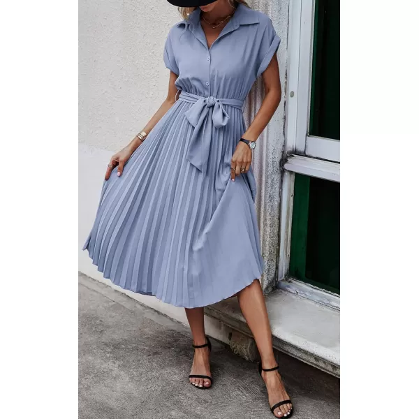 ECOWISH Womens Casual Midi Dresses Solid V Neck Short Sleeve Button Shirt Belted Dress with Pockets for Spring Summer 2024Blight Blue