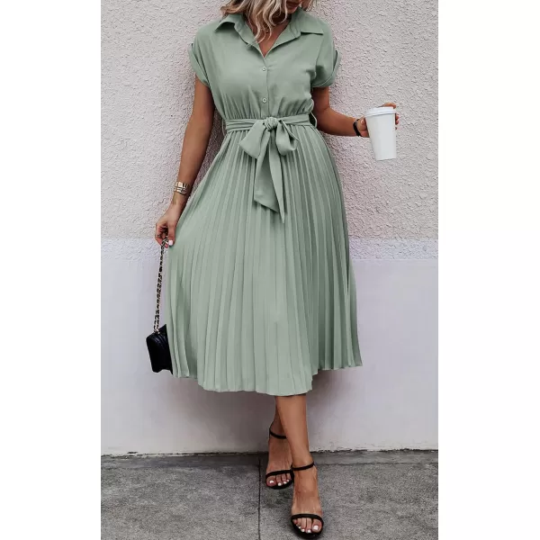 ECOWISH Womens Casual Midi Dresses Solid V Neck Short Sleeve Button Shirt Belted Dress with Pockets for Spring Summer 2024Blight Green