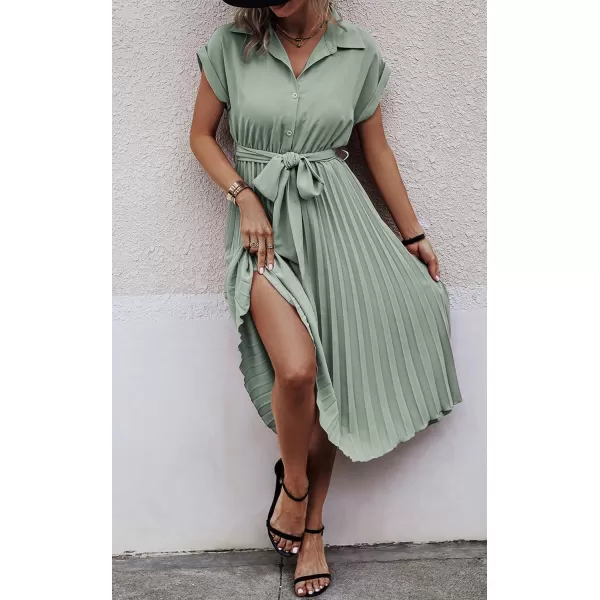 ECOWISH Womens Casual Midi Dresses Solid V Neck Short Sleeve Button Shirt Belted Dress with Pockets for Spring Summer 2024Blight Green