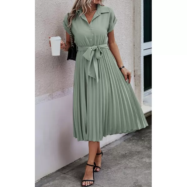 ECOWISH Womens Casual Midi Dresses Solid V Neck Short Sleeve Button Shirt Belted Dress with Pockets for Spring Summer 2024Blight Green