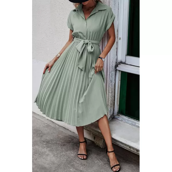 ECOWISH Womens Casual Midi Dresses Solid V Neck Short Sleeve Button Shirt Belted Dress with Pockets for Spring Summer 2024Blight Green
