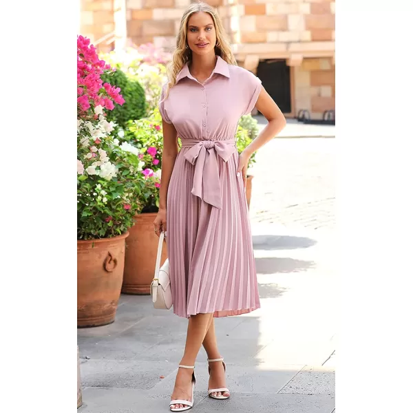 ECOWISH Womens Casual Midi Dresses Solid V Neck Short Sleeve Button Shirt Belted Dress with Pockets for Spring Summer 2024Blight Pink