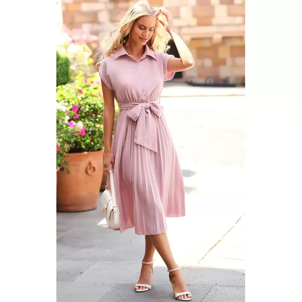 ECOWISH Womens Casual Midi Dresses Solid V Neck Short Sleeve Button Shirt Belted Dress with Pockets for Spring Summer 2024Blight Pink