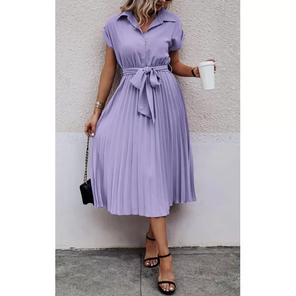 ECOWISH Womens Casual Midi Dresses Solid V Neck Short Sleeve Button Shirt Belted Dress with Pockets for Spring Summer 2024Blilac