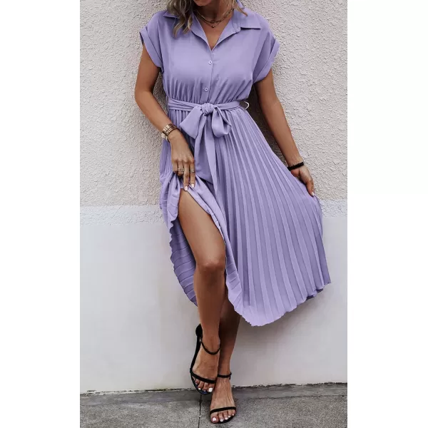 ECOWISH Womens Casual Midi Dresses Solid V Neck Short Sleeve Button Shirt Belted Dress with Pockets for Spring Summer 2024Blilac