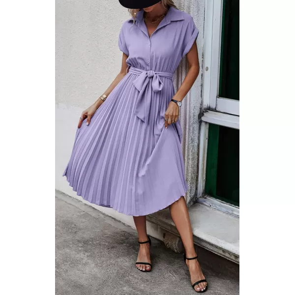 ECOWISH Womens Casual Midi Dresses Solid V Neck Short Sleeve Button Shirt Belted Dress with Pockets for Spring Summer 2024Blilac
