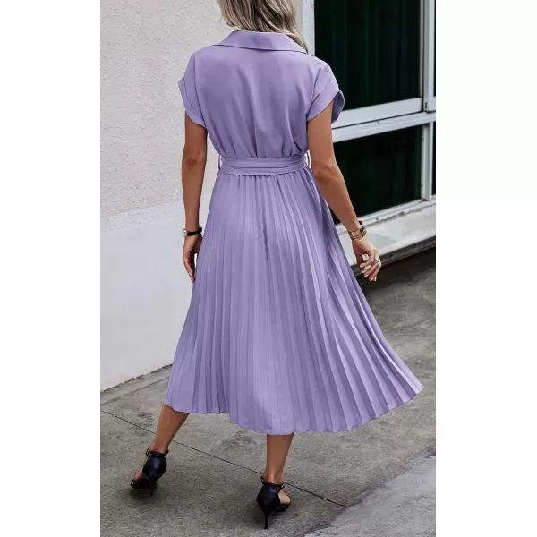 ECOWISH Womens Casual Midi Dresses Solid V Neck Short Sleeve Button Shirt Belted Dress with Pockets for Spring Summer 2024Blilac