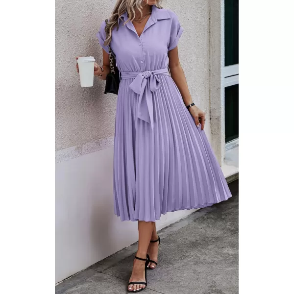 ECOWISH Womens Casual Midi Dresses Solid V Neck Short Sleeve Button Shirt Belted Dress with Pockets for Spring Summer 2024Blilac