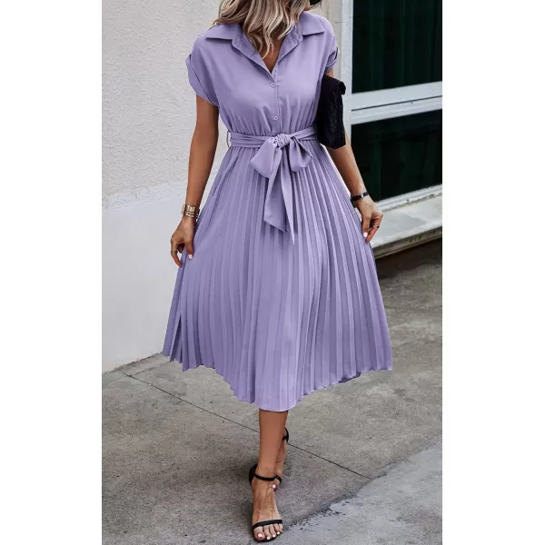 ECOWISH Womens Casual Midi Dresses Solid V Neck Short Sleeve Button Shirt Belted Dress with Pockets for Spring Summer 2024Blilac